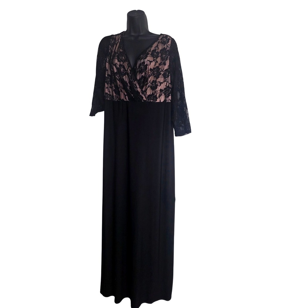 Glamour Women Black Floral Lace V-Neck Maxi Dress 16W 3/4 Sleeves